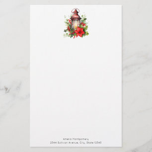 Red Christmas Lantern Poinsettia and Pine Stationery