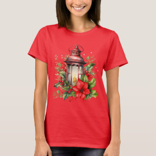 Red Christmas Lantern Poinsettia and Pine T-Shirt