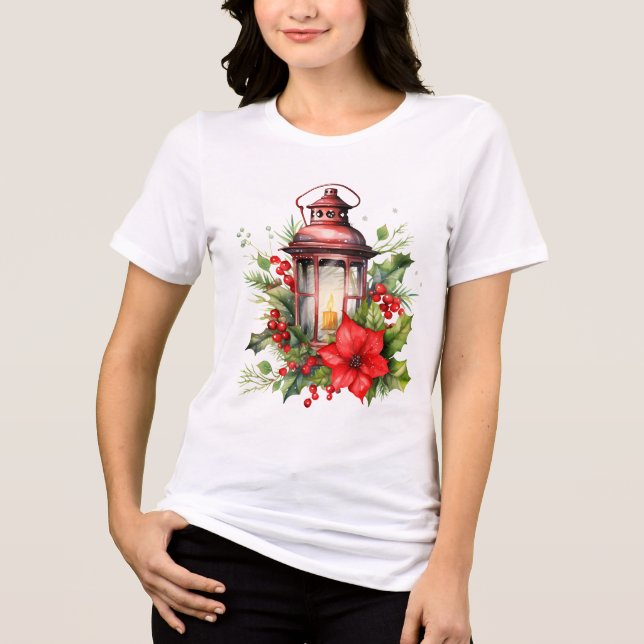 Red Christmas Lantern Poinsettia and Pine Tri-Blend Shirt (Front)