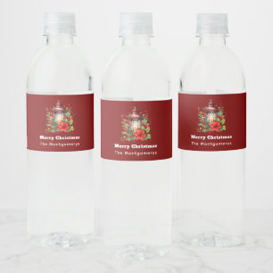 Red Christmas Lantern Poinsettia and Pine Water Bottle Label
