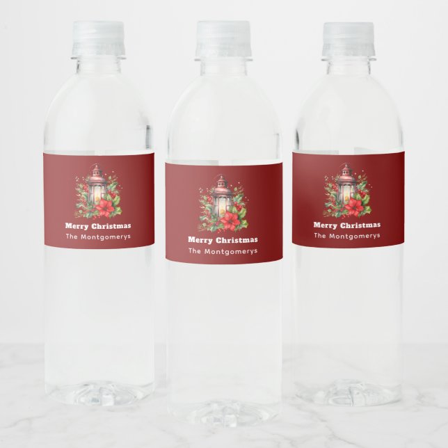 Red Christmas Lantern Poinsettia and Pine Water Bottle Label (Bottles)