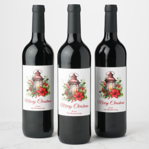 Red Christmas Lantern Poinsettia and Pine Wine Label