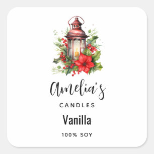 Red Christmas Lantern Poinsettia - Candle Business Square Sticker