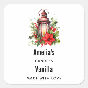 Red Christmas Lantern Poinsettia - Candle Business Square Sticker