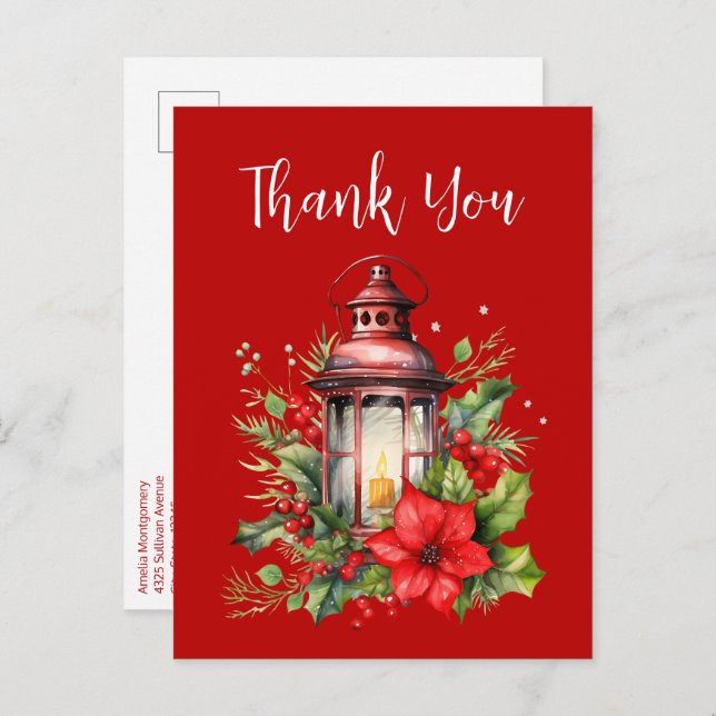 Red Christmas Lantern Poinsettia Thank You Postcard (Front/Back)