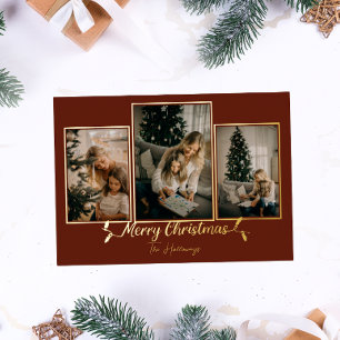 Red Christmas Lights 3 Photo Foil Holiday Card