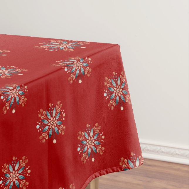 Red Christmas Nordic Folk snowflake pattern Tablecloth (In Situ)