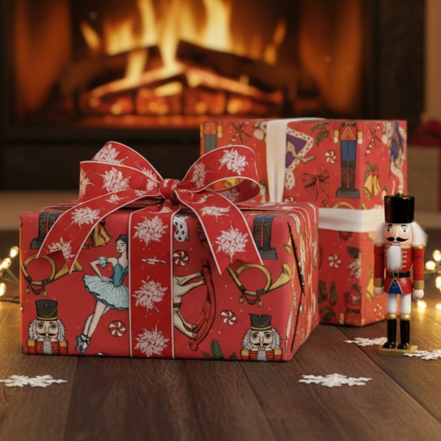 Red Christmas Nutcracker Mouse King Ballerina Wrapping Paper (Elegant Red Nutcracker Wrapping Paper. Festive Christmas Nutcracker, Mouse King, Ballerina Pattern)