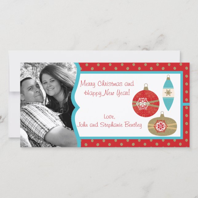 Red Christmas Ornament Personalised Photo Card (Front)