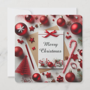 Red Christmas ornaments and seasonal greetings Holiday Card