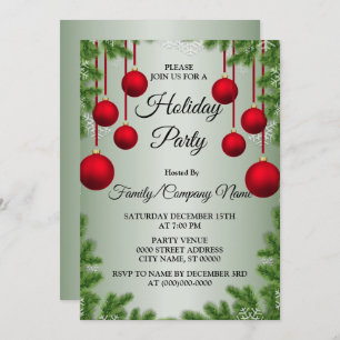 Red Christmas Ornaments Green Holidays Party Invitation
