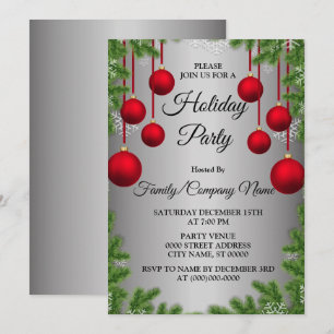 Red Christmas Ornaments Green Holidays Party Invitation