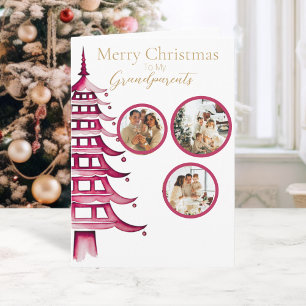 Red Christmas Pagoda Tree Grandparent 3-Photo Card