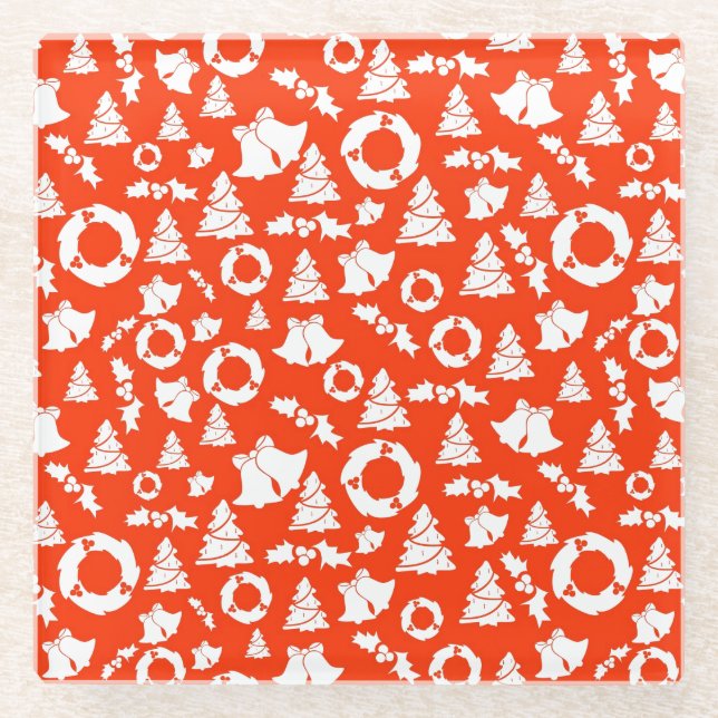 Red Christmas Pattern Glass Coaster (Front)