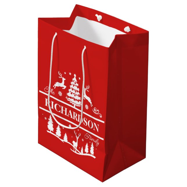 Red Christmas Personalised Family Name | Holiday Medium Gift Bag (Front Angled)
