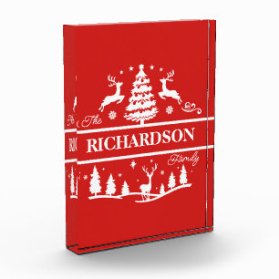 Red Christmas Personalised Family Name Holiday Photo Block