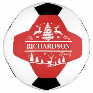 Red Christmas Personalised Family Name Holiday Soccer Ball
