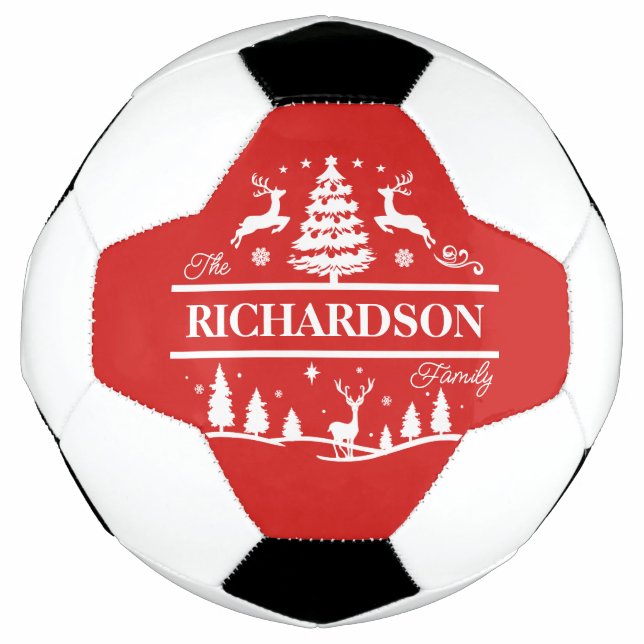 Red Christmas Personalised Family Name | Holiday Soccer Ball (Front)