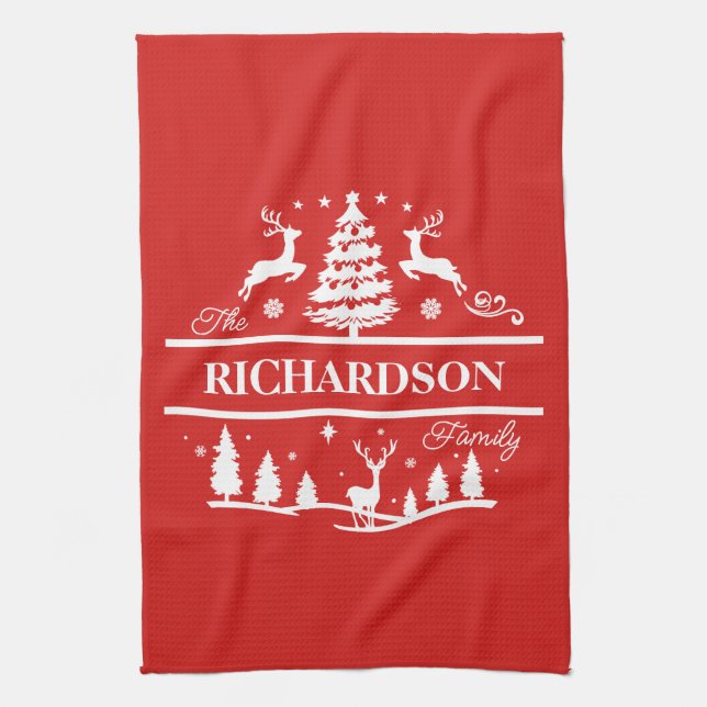 Red Christmas Personalised Family Name | Holiday Tea Towel (Vertical)