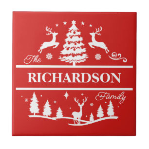 Red Christmas Personalised Family Name Holiday Tile