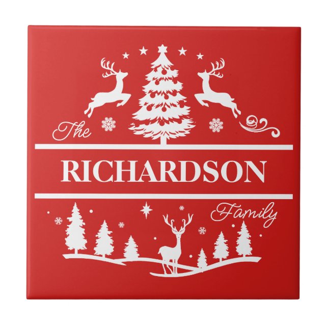 Red Christmas Personalised Family Name | Holiday Tile (Front)