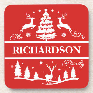 Red Christmas Personalized Family Name   Holiday Coaster