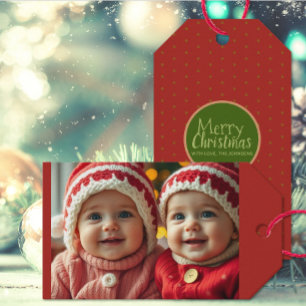 Red Christmas Photo Add Custom Text Gift Tag