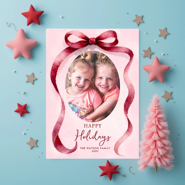 Red Christmas Photo Bow Ribbon  Holiday Postcard (Cute Red Christmas 4 Photo Bow Ribbon Holiday Card)