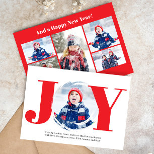 Red Christmas Photo Collage Joy Typography Holiday Card