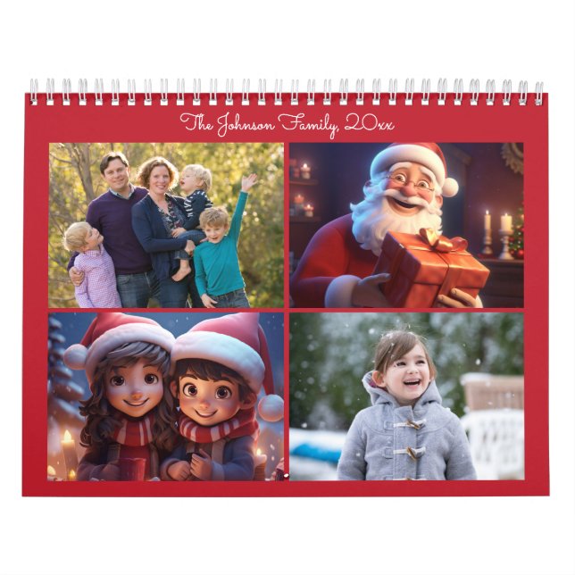 Red Christmas Photo Family Yearly Calendar (Cover)