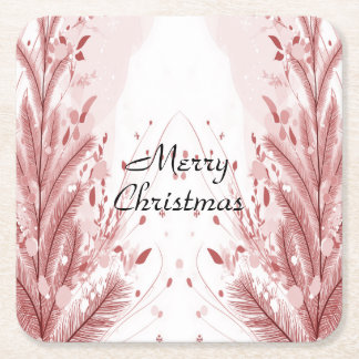 Red Christmas Pine Tree Snow Decoration Beautiful Square Paper Coaster