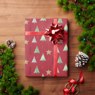 Red Christmas Pine Tree Watercolor Pattern Wrapping Paper