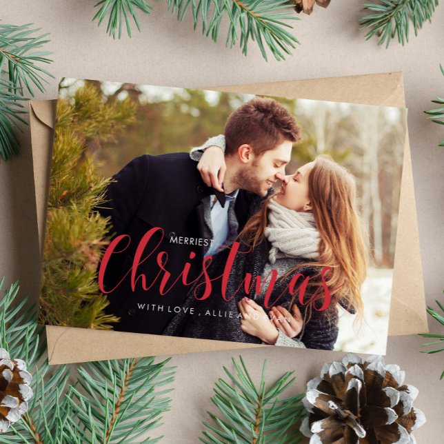 Red Christmas Pines Photo Greeting Holiday Card (Creator Uploaded)