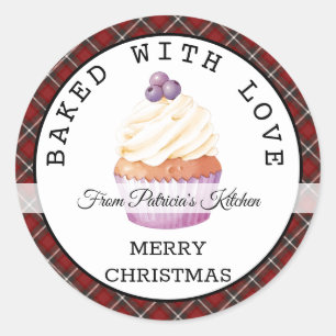  Red Christmas Plaid Baked With Love Cupcakes   Classic Round Sticker
