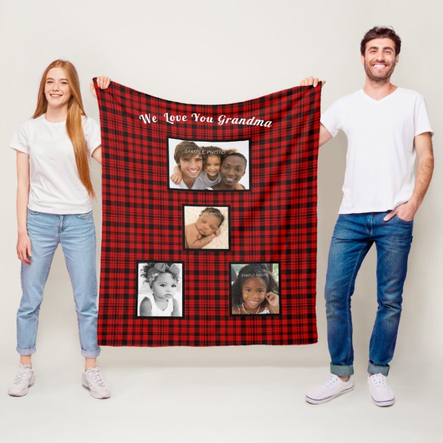 Red Christmas Plaid Family Photos Love You Grandma Fleece Blanket (In Situ)