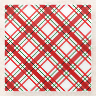 Red Christmas Plaid Glass Coaster