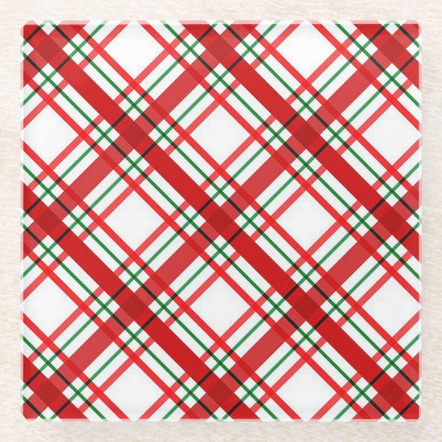 Red Christmas Plaid Glass Coaster (Front)
