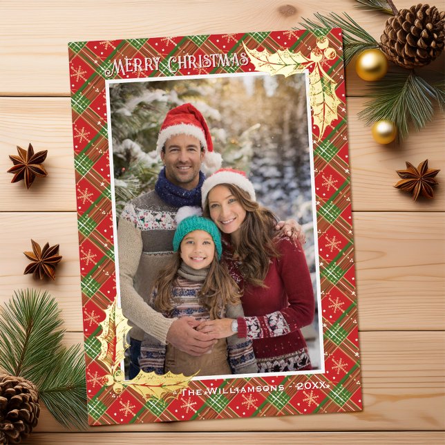 Red Christmas Plaid | Merry Christmas Photocard |  (Customizable Christmas photocard with red plaid edge with snowflakes, and gold foil accents of holly)