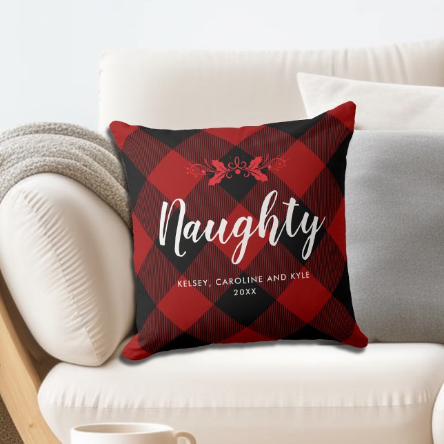 Red Christmas Plaid Naughty or Nice Personalised Cushion (Creator Uploaded)