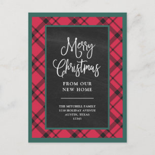 Red Christmas Plaid New Home Moving Announcement Postcard