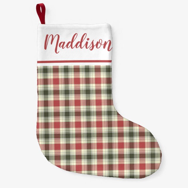 Red Christmas plaid pattern personalised name  Small Christmas Stocking (Front)