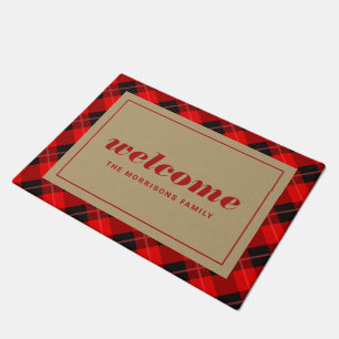 Red Christmas Plaid Personalised Welcome Doormat