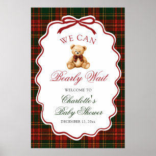 Red Christmas Plaid Teddy Bear Baby Shower Welcome Poster