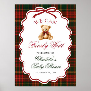 Red Christmas Plaid Teddy Bear Baby Shower Welcome Poster