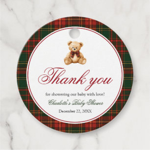 Red Christmas Plaid Winter Teddy Bear Baby Shower Favour Tags