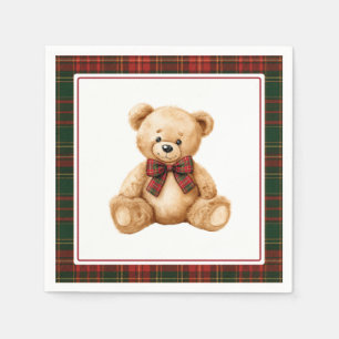 Red Christmas Plaid Winter Teddy Bear Baby Shower Napkin