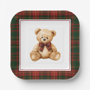 Red Christmas Plaid Winter Teddy Bear Baby Shower Paper Plate