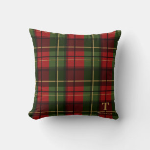 Red Christmas Plaid With Monogram And Surname Cushion