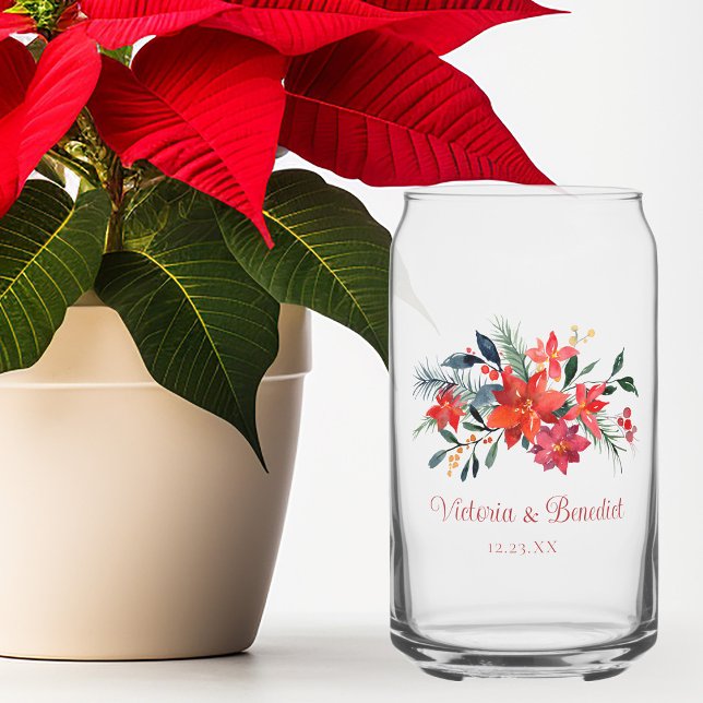Red Christmas Poinsetta Floral Custom Wedding Can Glass (Creator Uploaded)