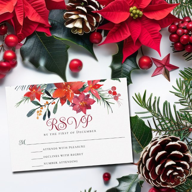 Red Christmas Poinsettia Elegant Floral Holiday RSVP Card (Creator Uploaded)